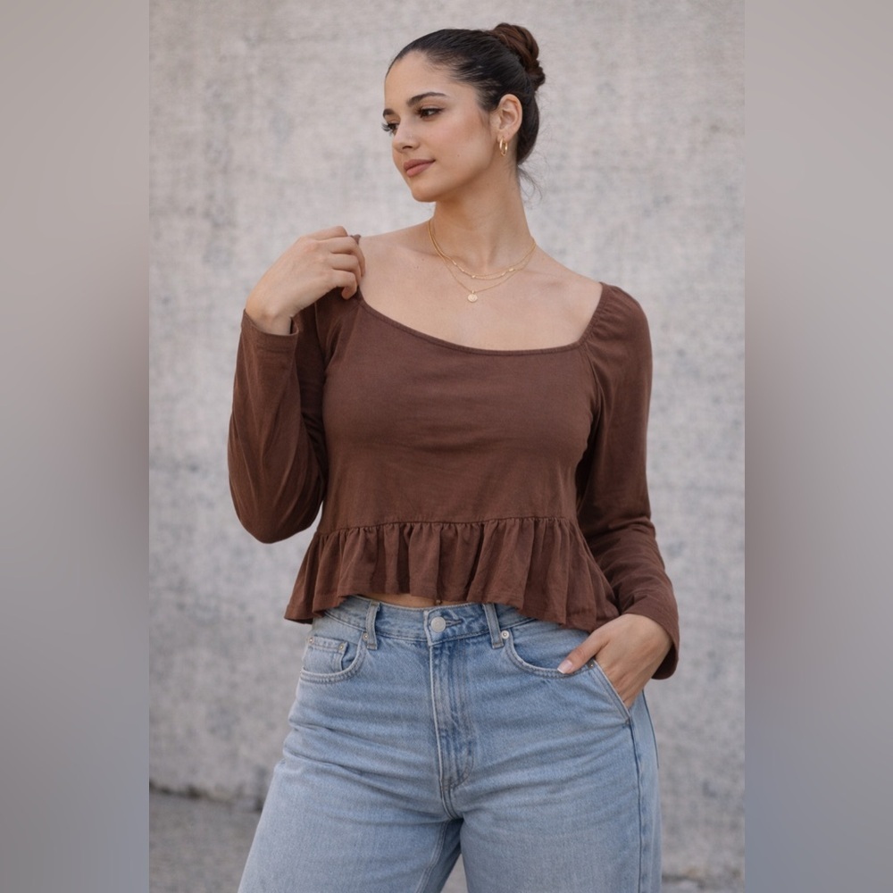 EST PAC Brown Ruched Puff Sleeve Ruffle Crop Top | Balletcore Cottagecore